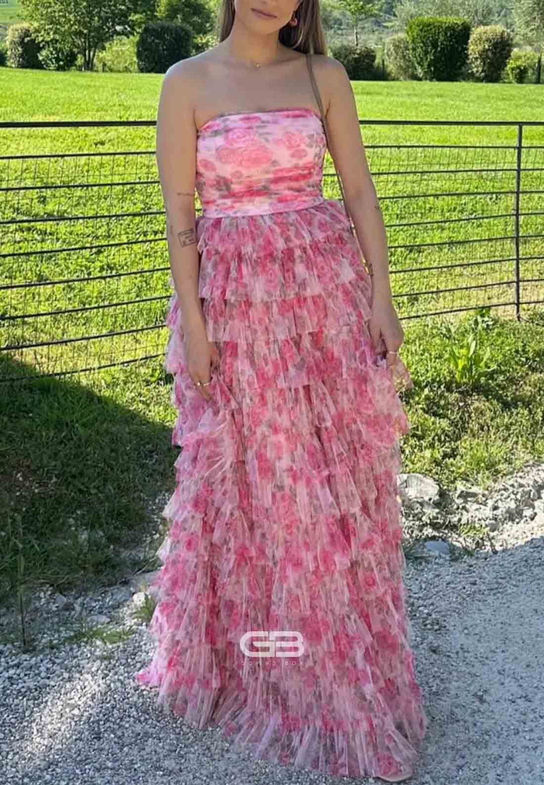 Strapless Floral Print Ruffled A-line Long Prom Dress 