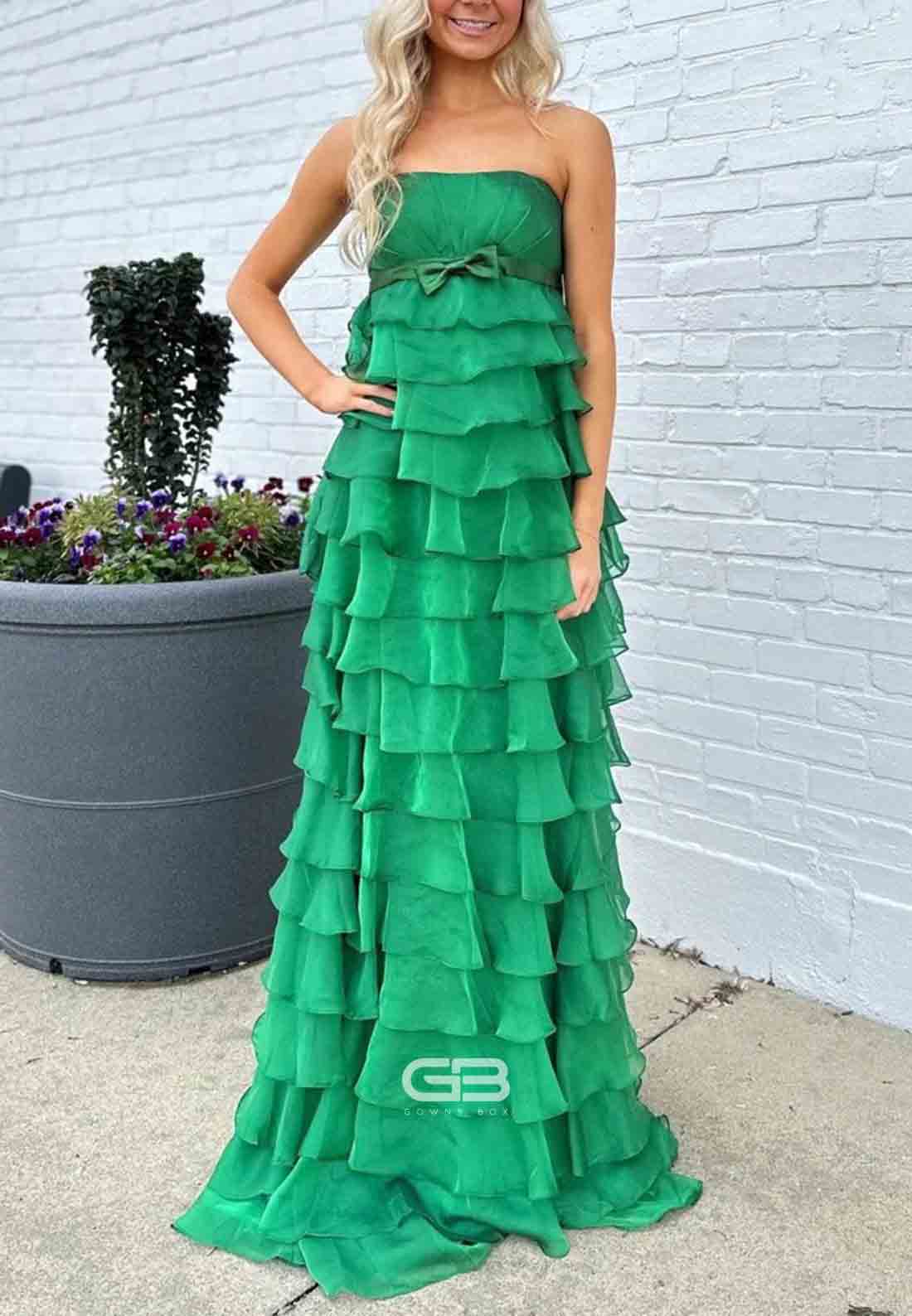 Strapless High - Waist Ruffle Tiered Long Prom Dre