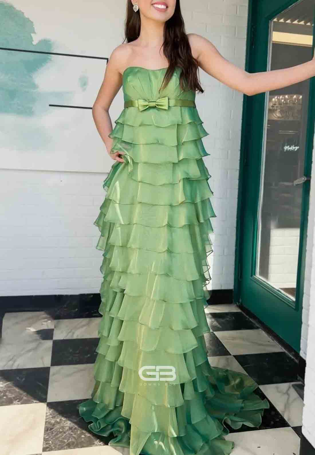 Strapless High - Waist Ruffle Tiered Long Prom Dre