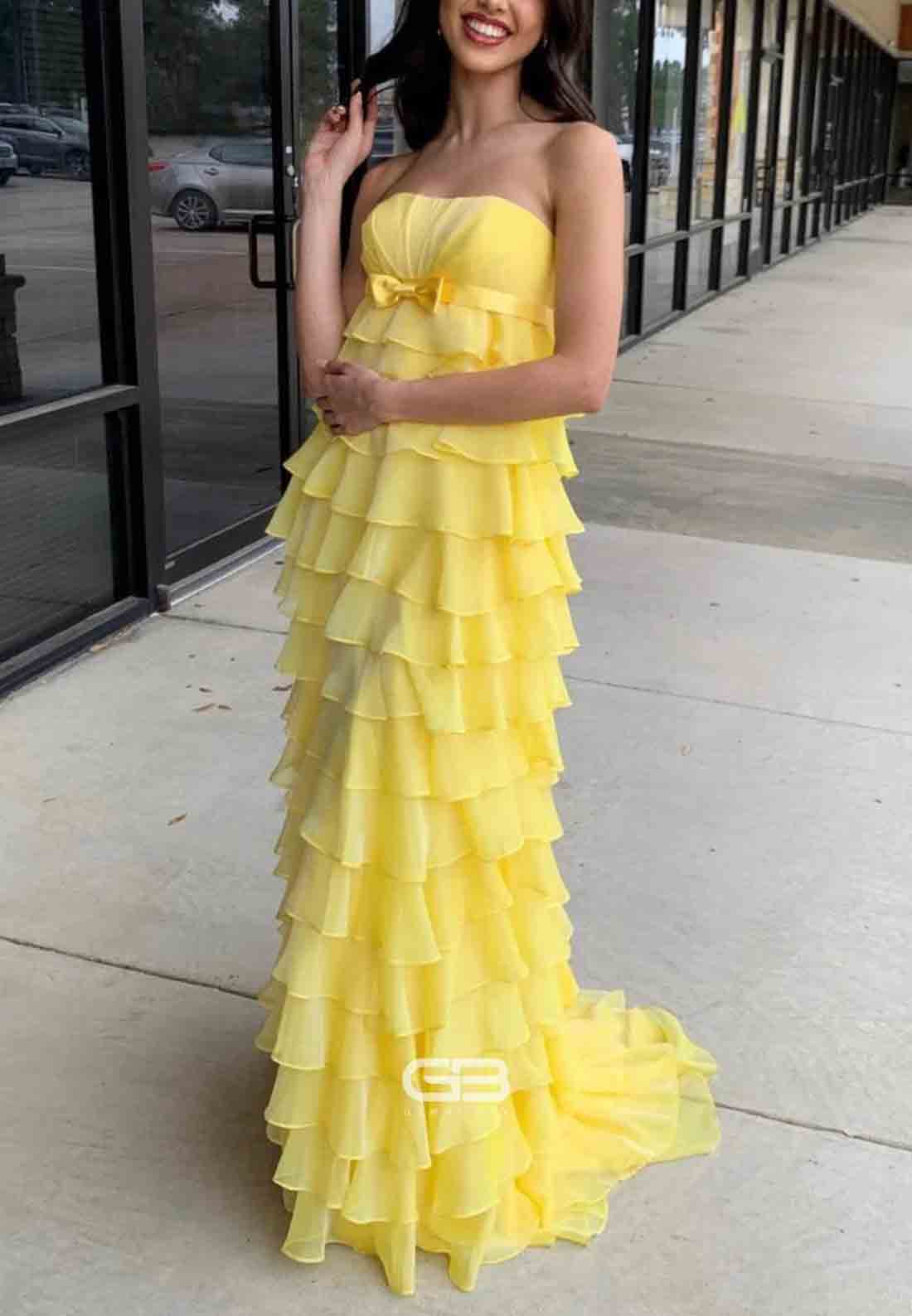 Strapless High - Waist Ruffle Tiered Long Prom Dre