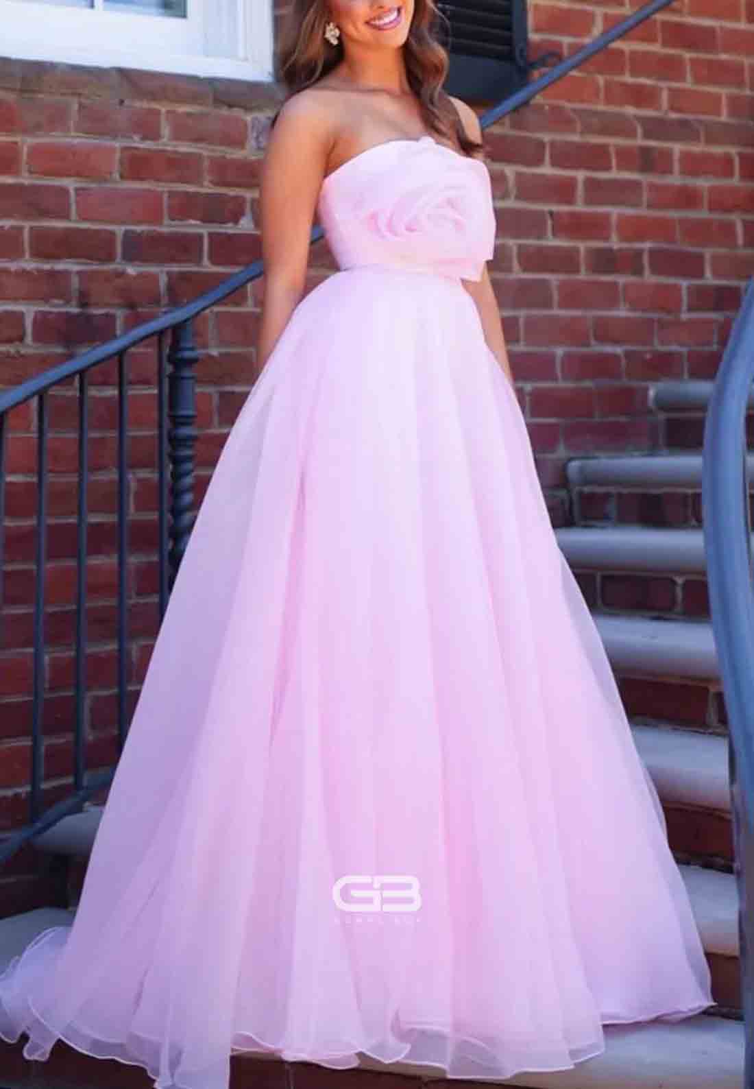 Tie Straps V-Neck Baby Pink Ruched V Back Bust Long Prom Dress