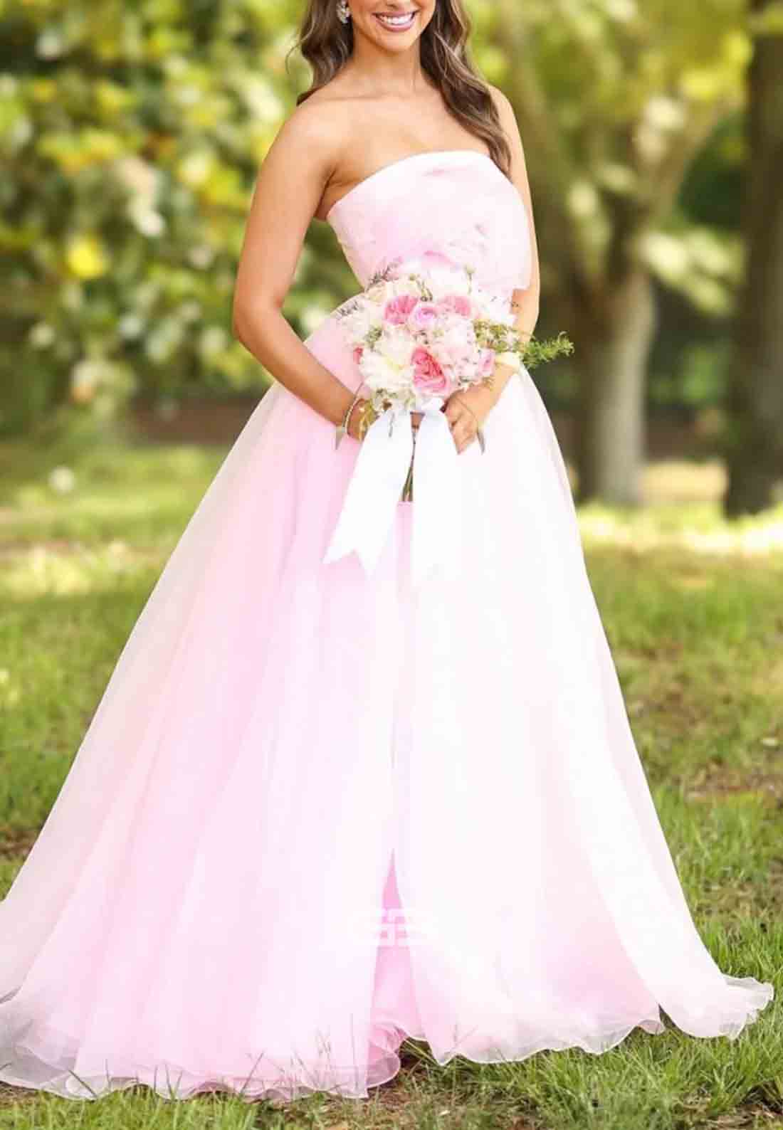 Strapless Light Pink A-line Long Prom Dress with Flower
