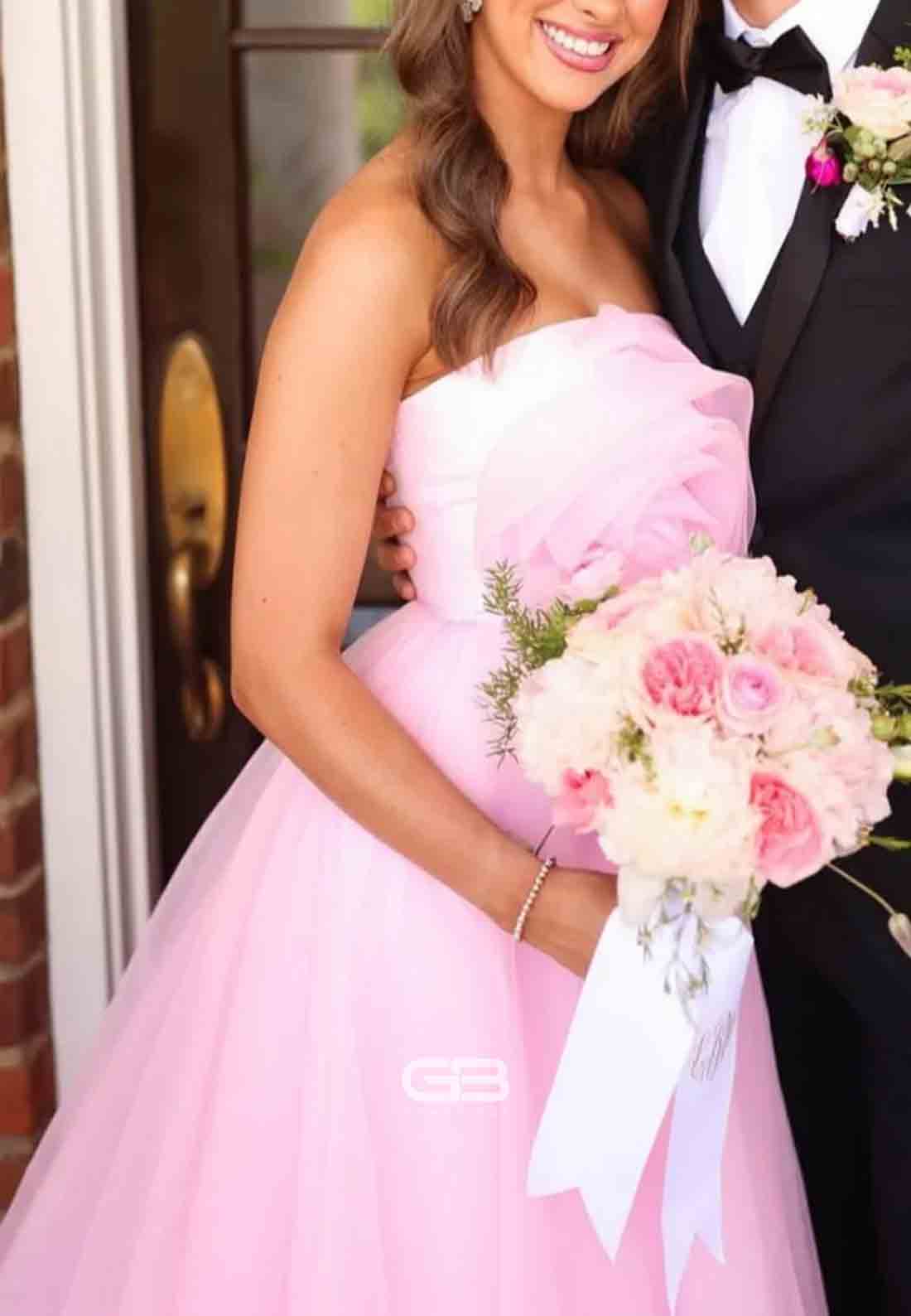 Strapless Light Pink A-line Long Prom Dress with Flower
