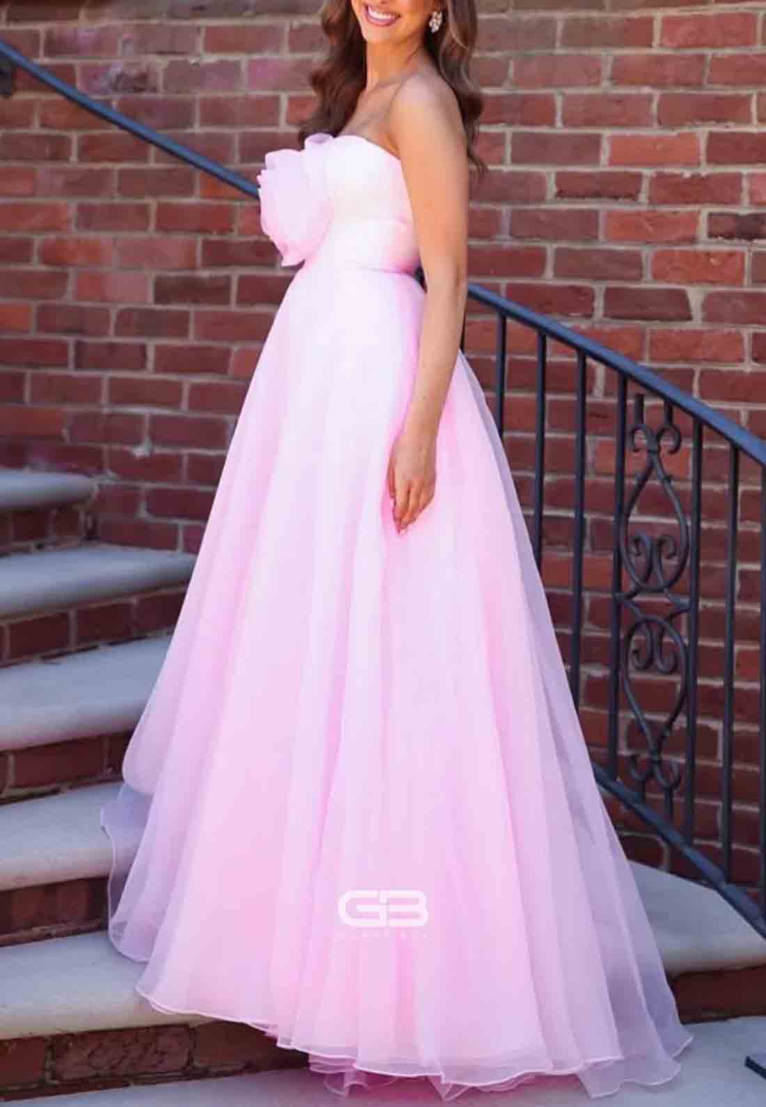 Strapless Light Pink A-line Long Prom Dress with Flower