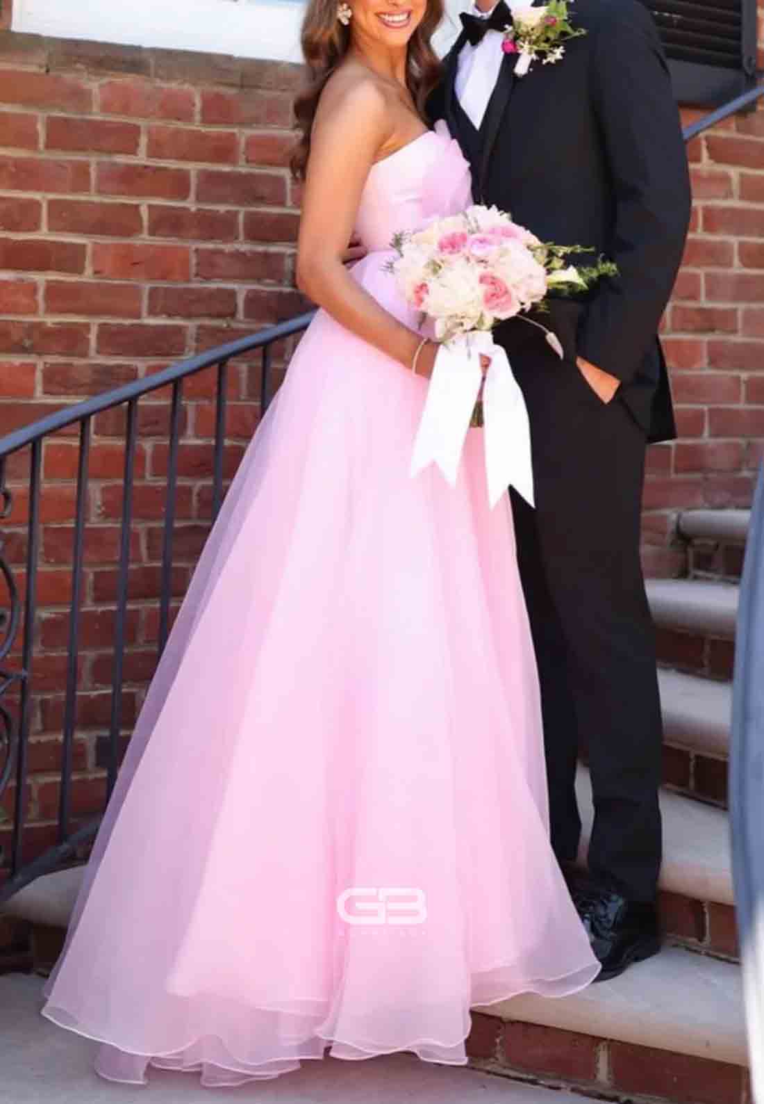 Strapless Light Pink A-line Long Prom Dress with Flower