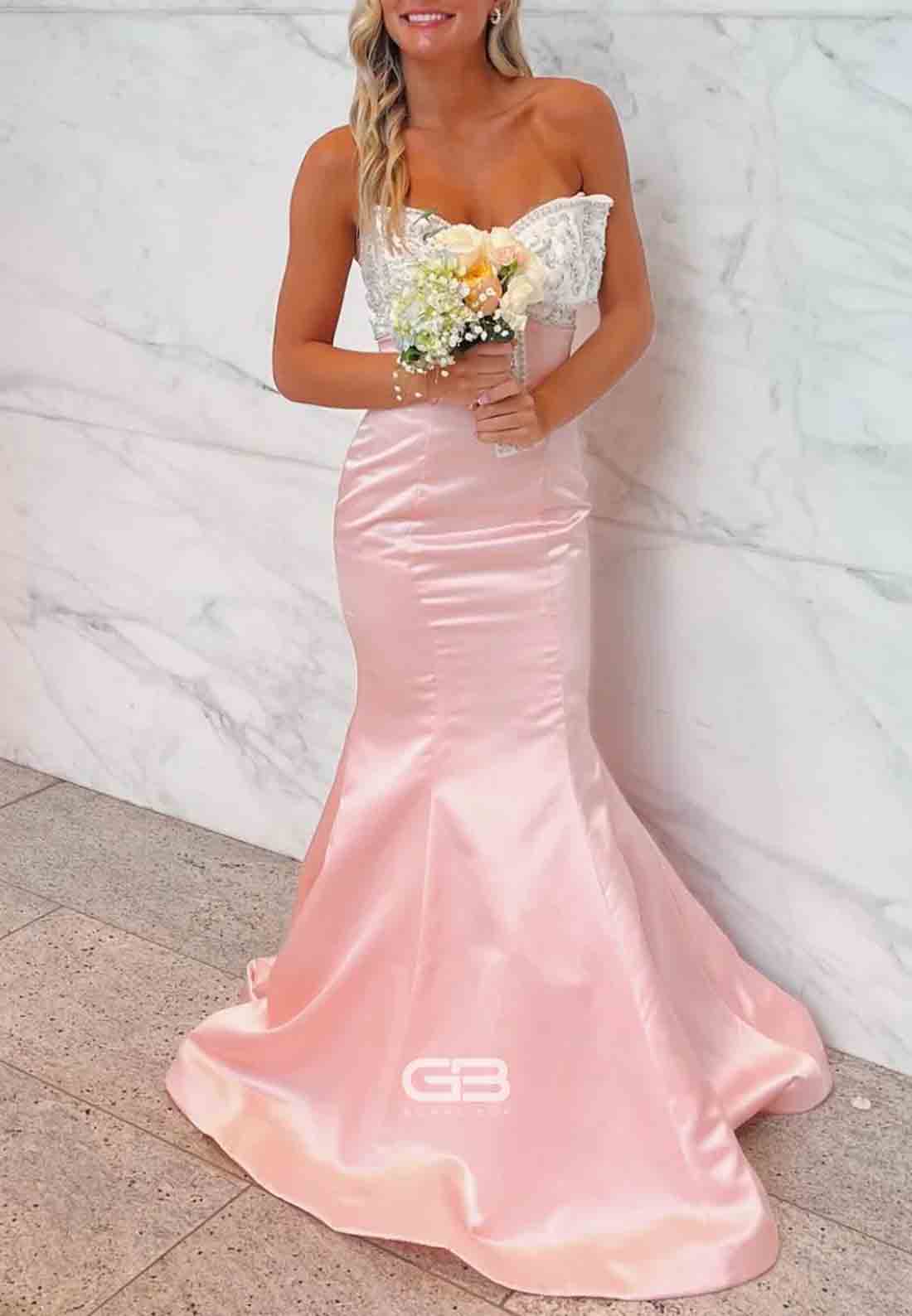 Strapless Light Pink Beaded Neck Mermaid Long Dress