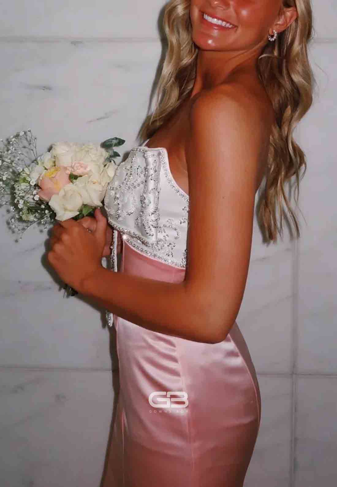 Strapless Light Pink Beaded Neck Mermaid Long Dress