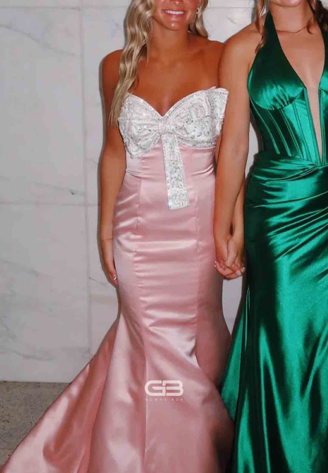 Strapless Light Pink Beaded Neck Mermaid Long Dress