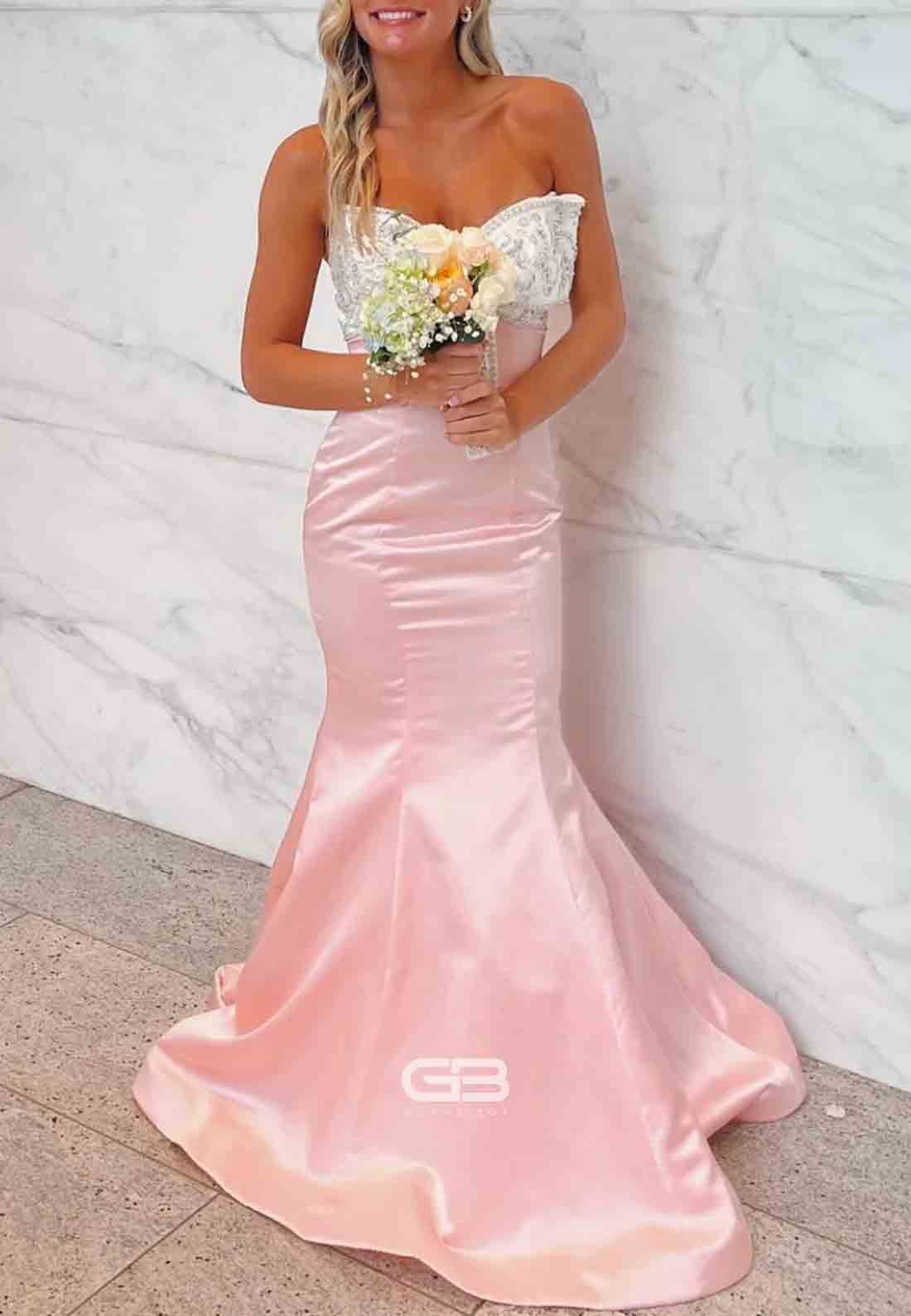 Strapless Light Pink Beaded Neck Mermaid Long Dress
