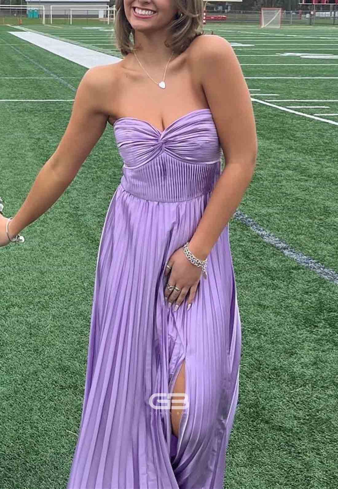 Strapless Lilac Pleated Sweetheart A-line Long Prom Dress with Slit