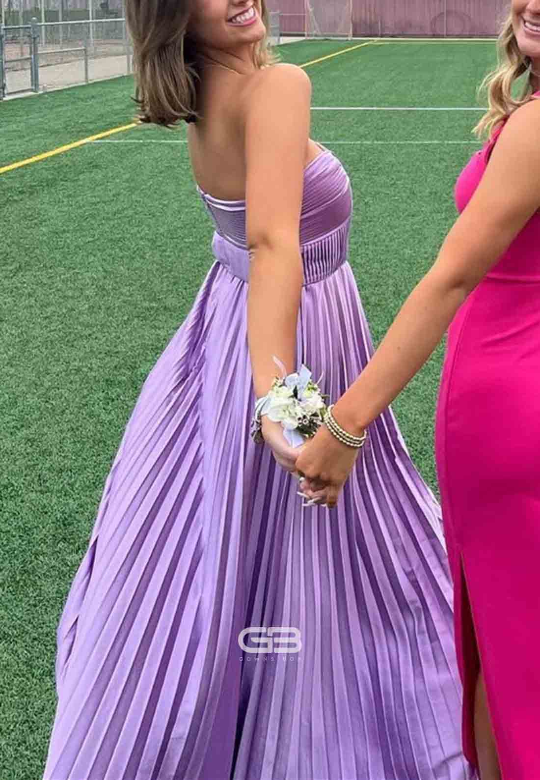 Strapless Lilac Pleated Sweetheart A-line Long Prom Dress with Slit