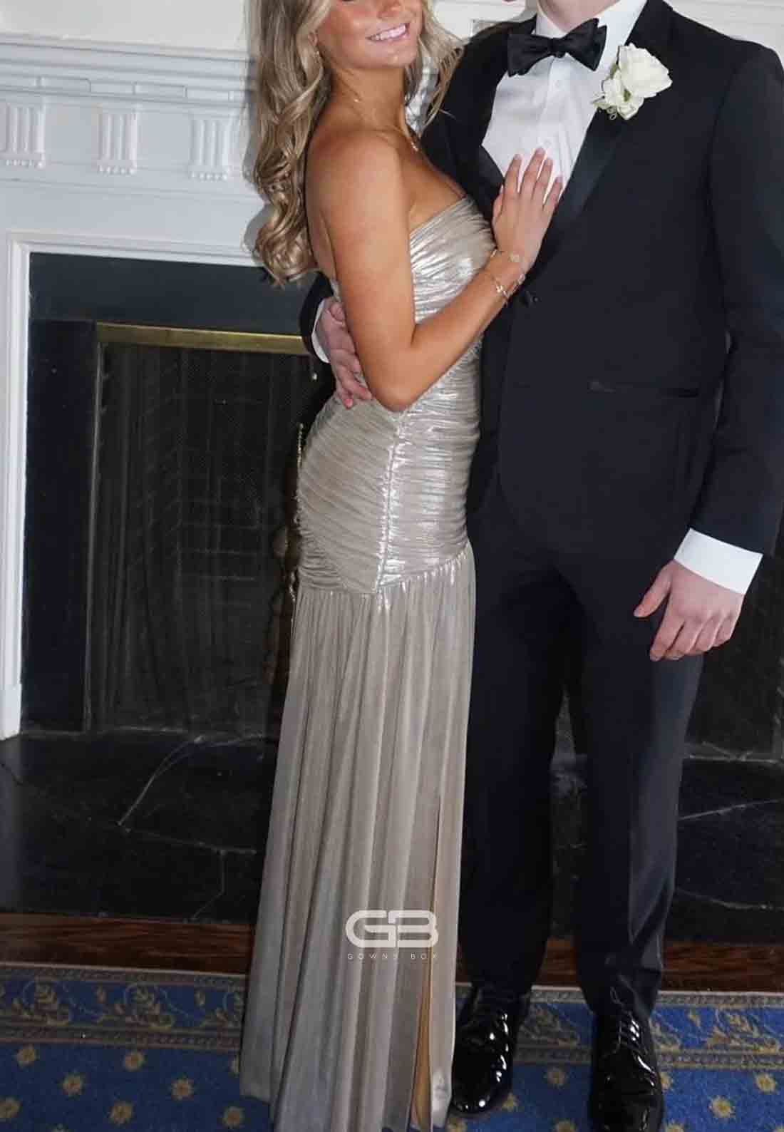 Strapless Metallic Silver Pleated Long Dress (2)