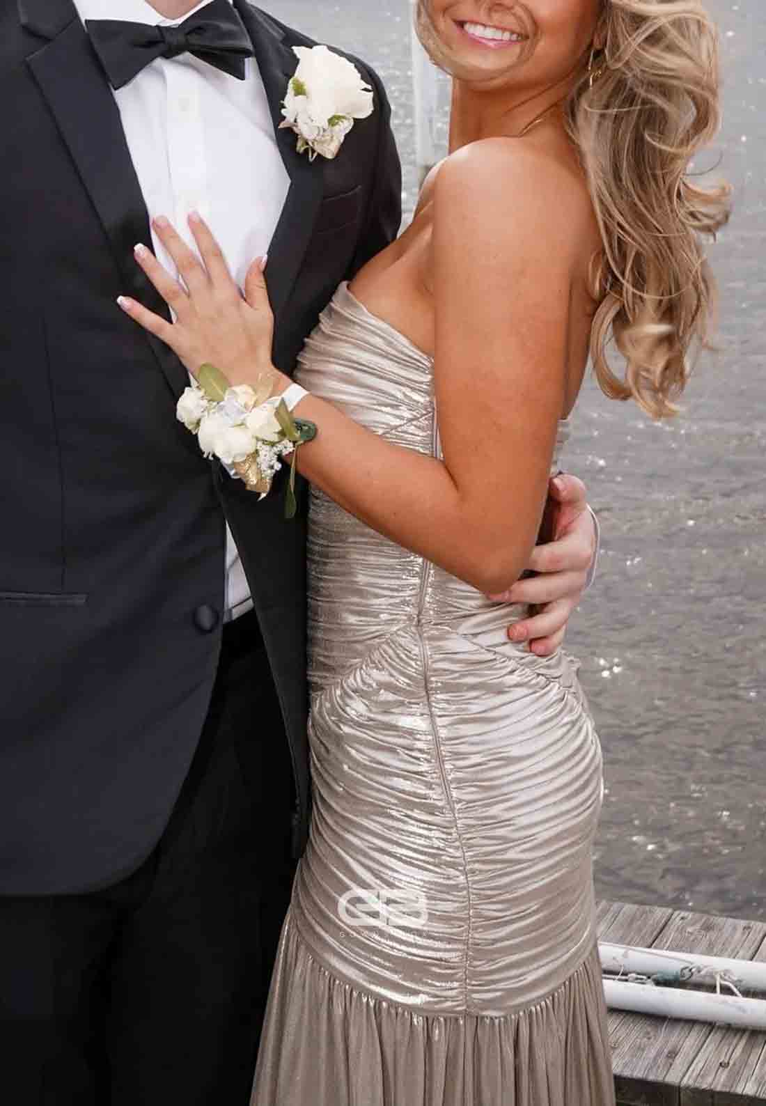 Strapless Metallic Silver Pleated Long Dress (2)