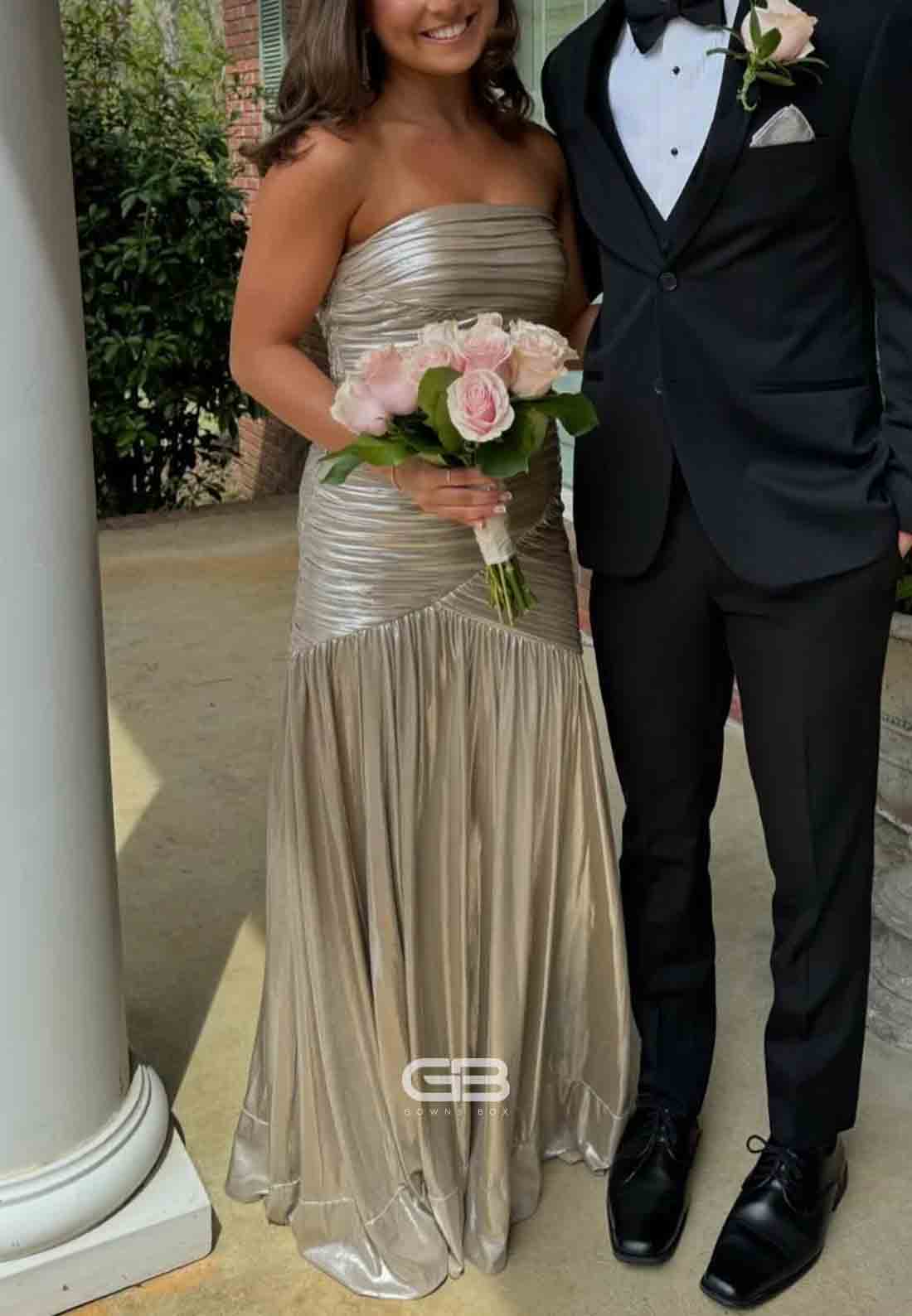 Strapless Metallic Silver Pleated Long Dress (2)