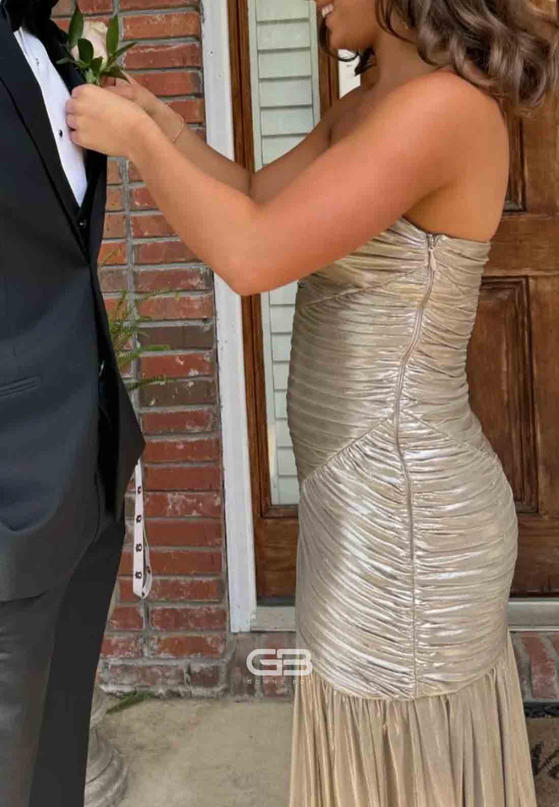 Strapless Metallic Silver Pleated Long Dress (2)