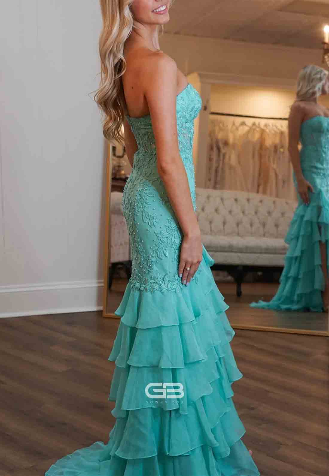 Strapless Mint Appliques Tiered Chiffon Long Prom Dress  
