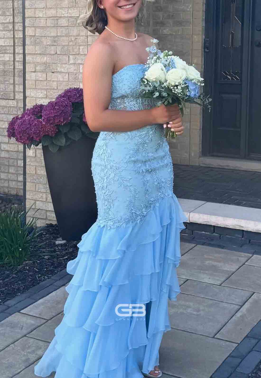 Strapless Mint Appliques Tiered Chiffon Long Prom Dress  
