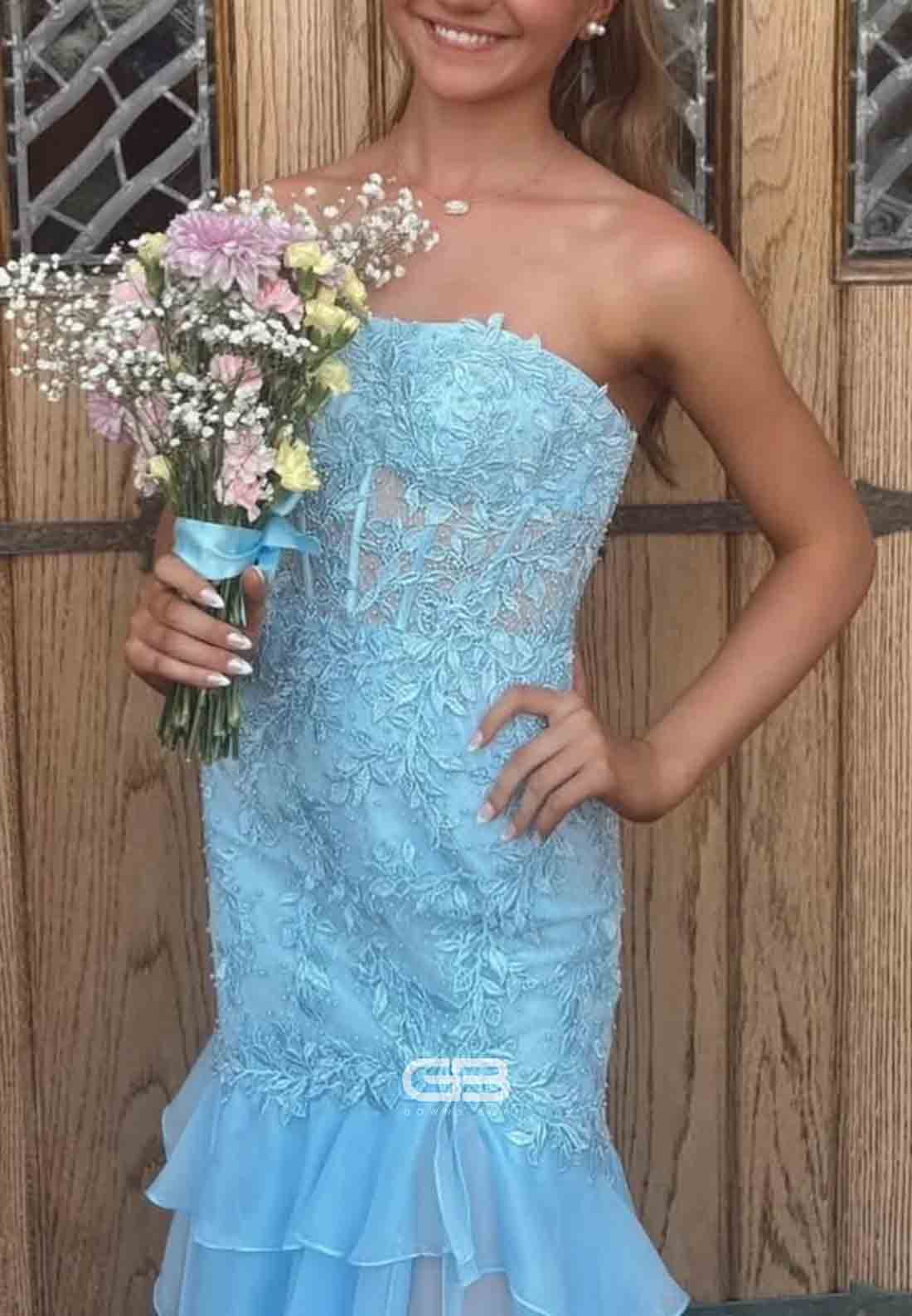 Strapless Mint Appliques Tiered Chiffon Long Prom Dress  