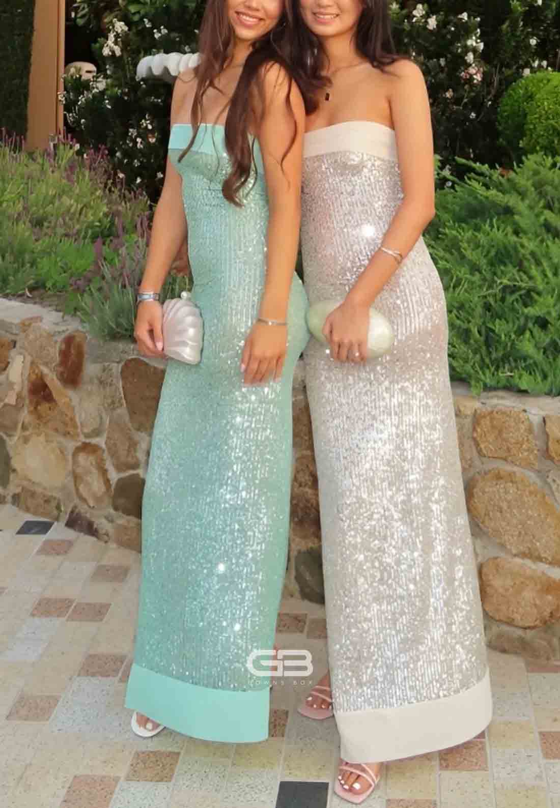 Strapless Mint Green Sequin Long Dress with Scarf