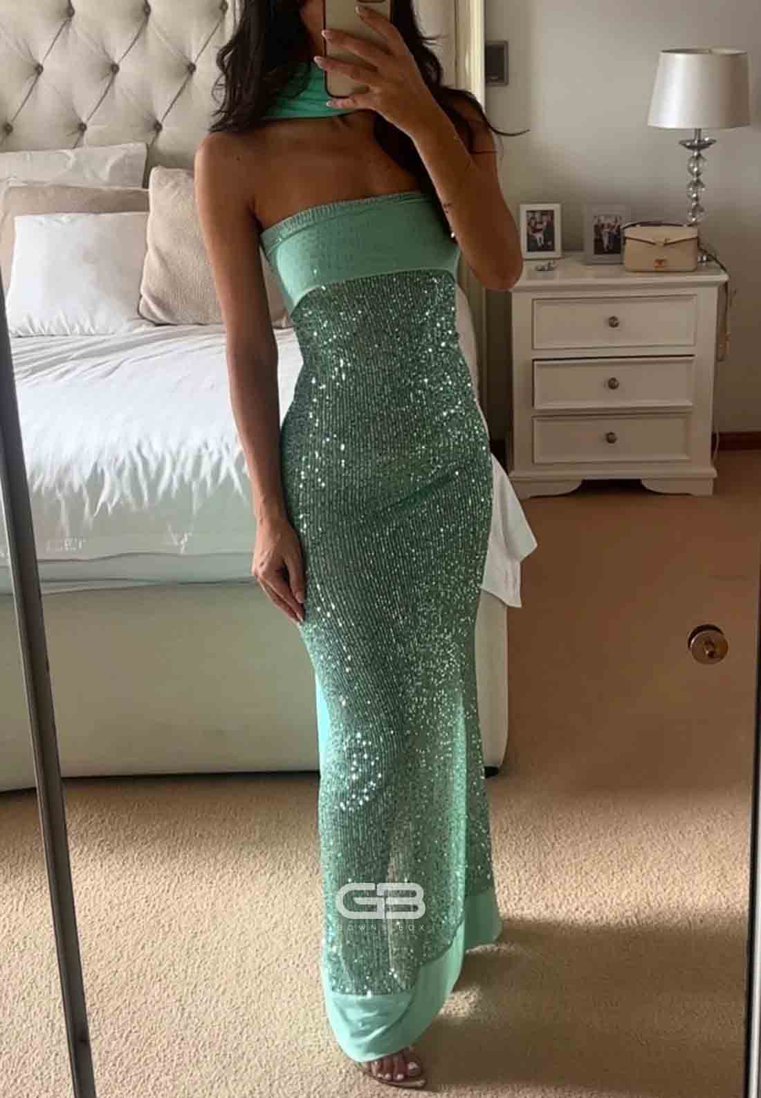 Strapless Mint Green Sequin Long Dress with Scarf