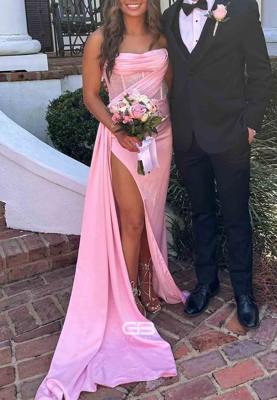Strapless Satin Pink High Slit Long Prom Dress with Train