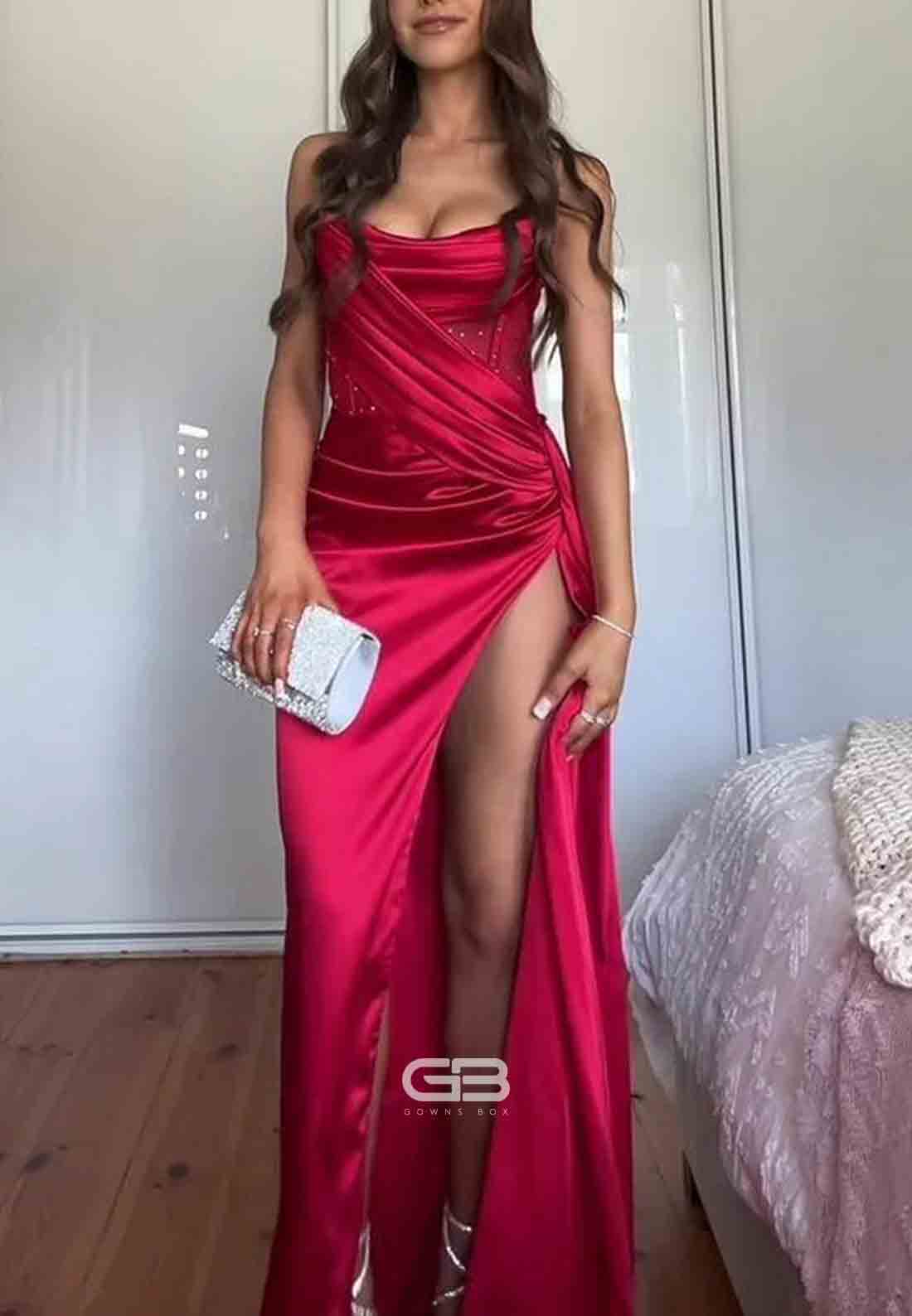 Strapless Satin Pink High Slit Long Prom Dress with Train