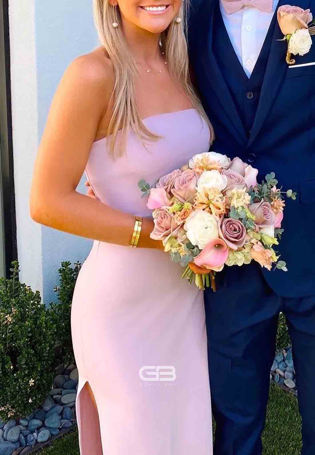 Simple Strapless Fitted Ankle-Length Pink Maxi Dress with Side Slit