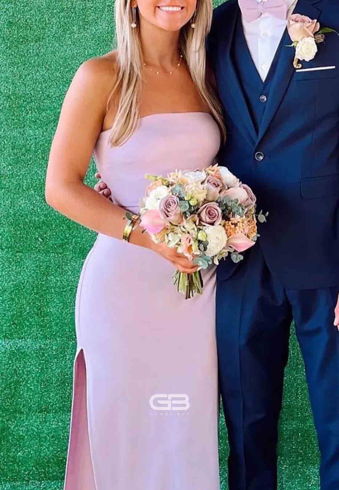 Simple Strapless Fitted Ankle-Length Pink Maxi Dress with Side Slit