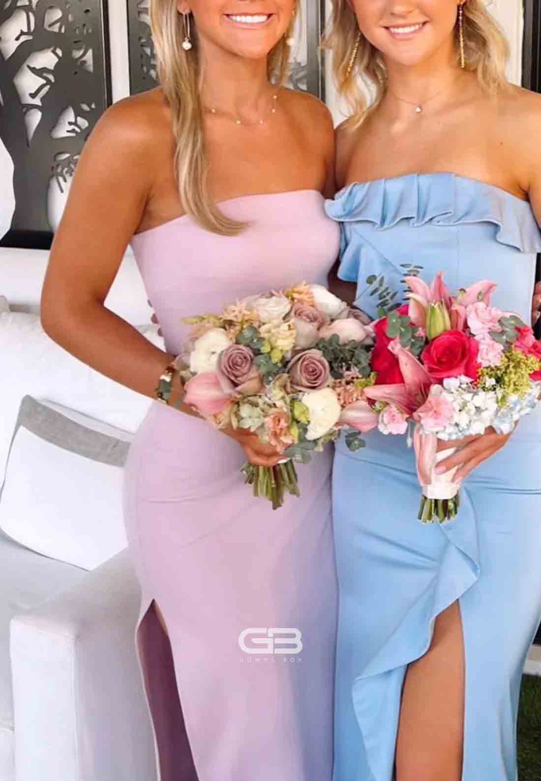 Simple Strapless Fitted Ankle-Length Pink Maxi Dress with Side Slit