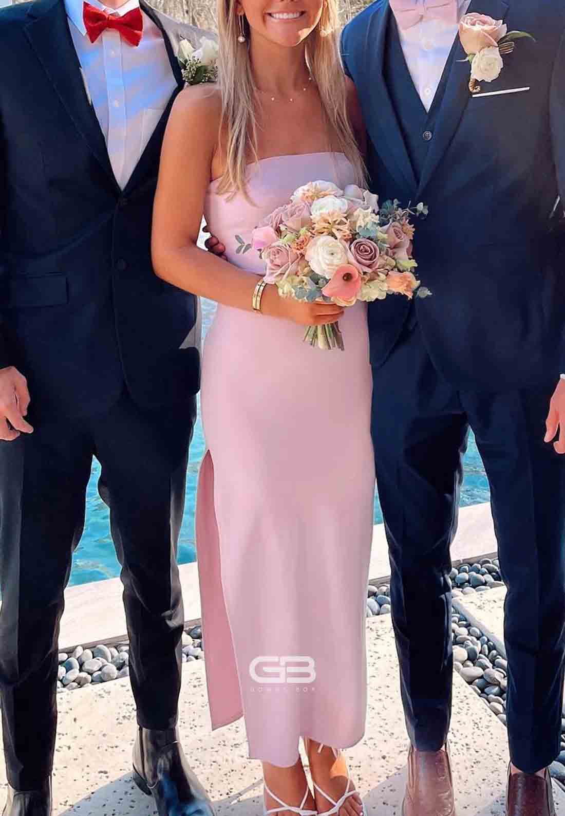 Simple Strapless Fitted Ankle-Length Pink Maxi Dress with Side Slit