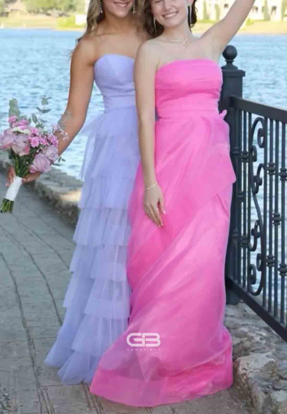 Strapless Pink Ruffled Hem A-line Long Dress