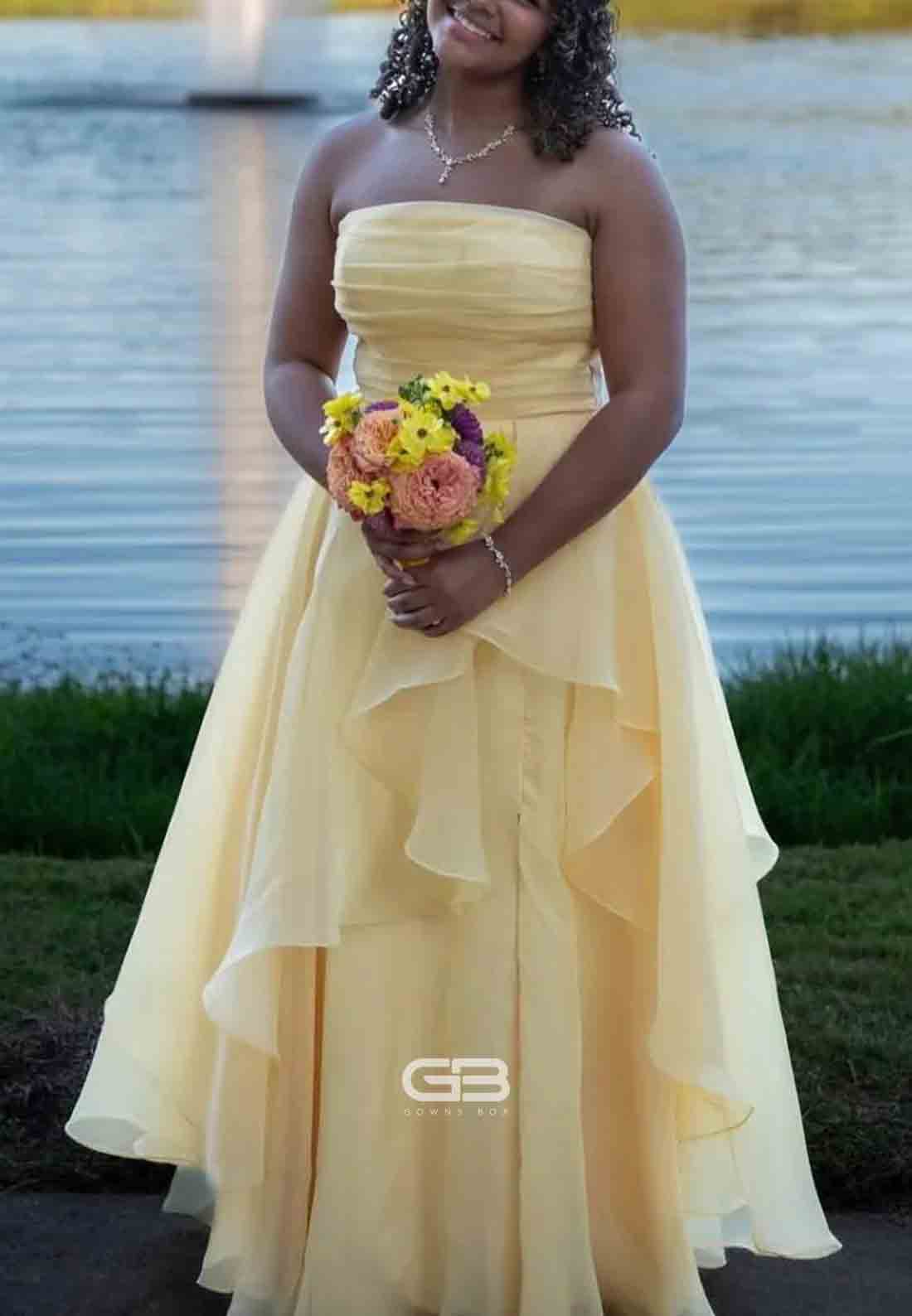 Strapless Pink Ruffled Hem A-line Long Dress