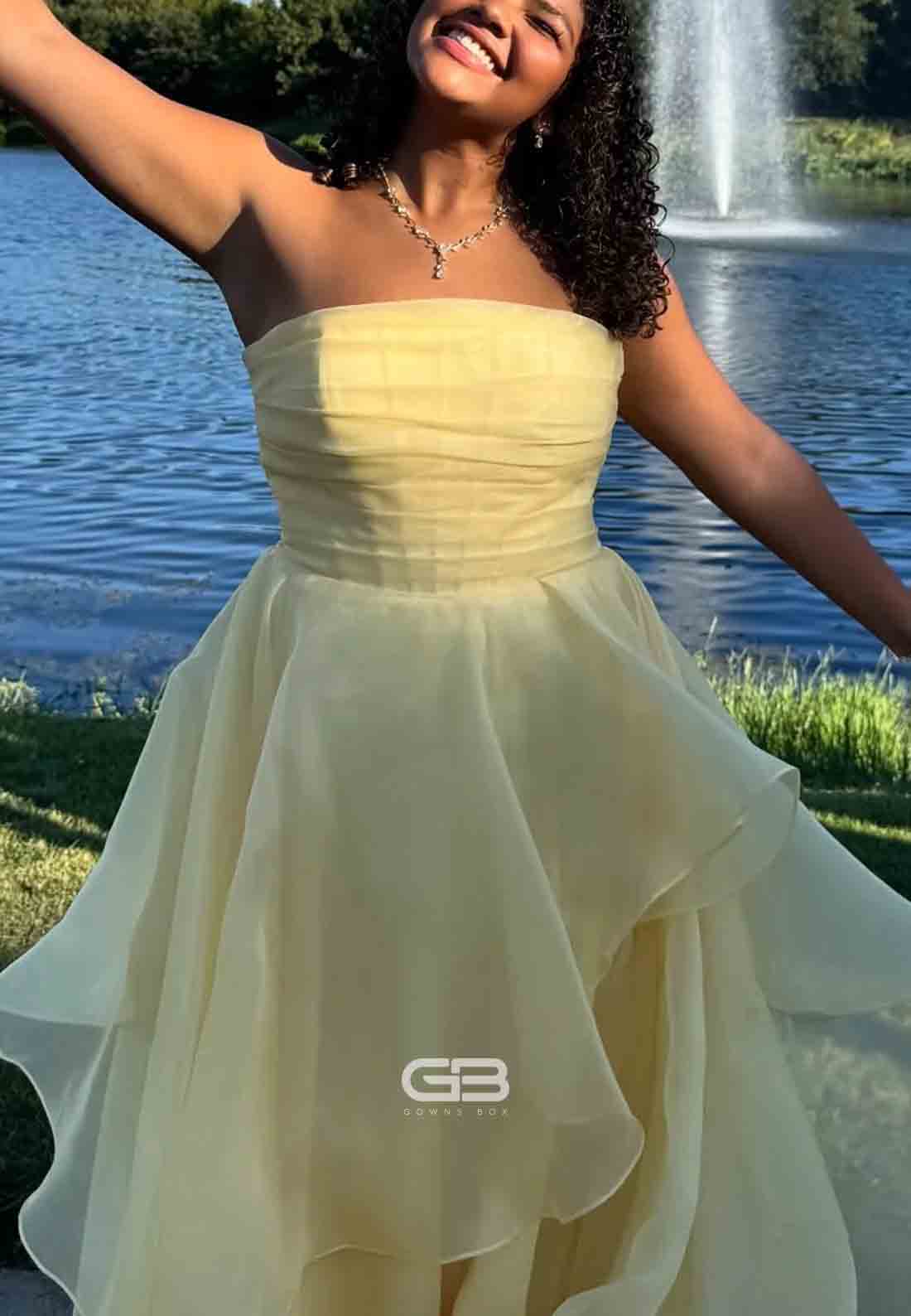 Strapless Pink Ruffled Hem A-line Long Dress