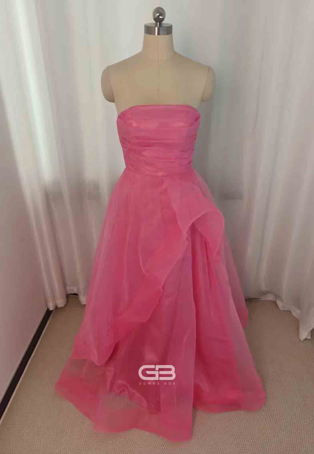 Strapless Pink Ruffled Hem A-line Long Dress