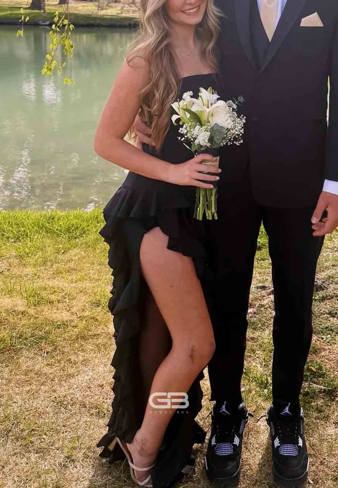 Strapless Pink Ruffles Long Prom Dress with Side Slit