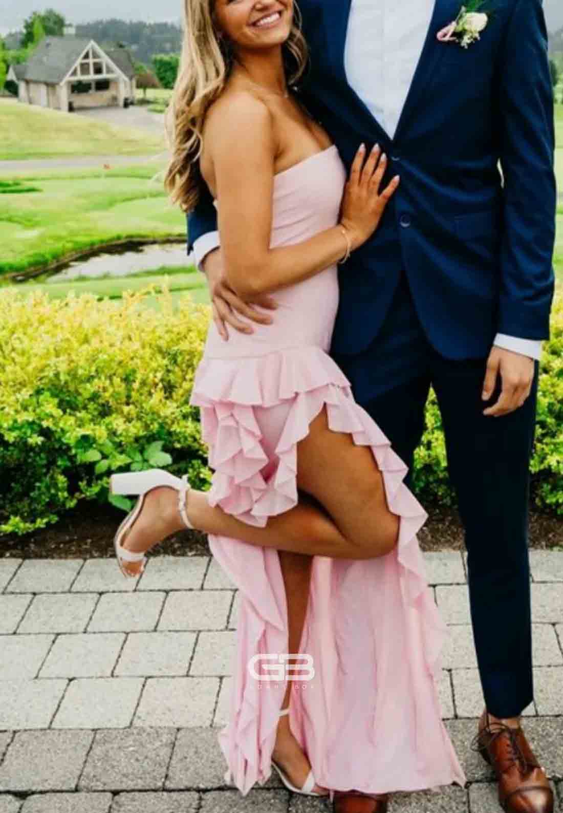 Strapless Pink Ruffles Long Prom Dress with Side Slit