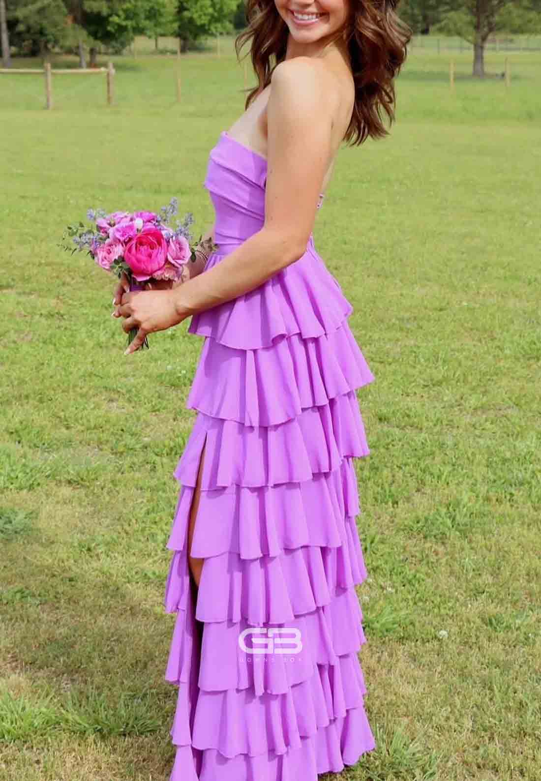 Strapless Purple Ruffle Tiered Long Dress with Slit