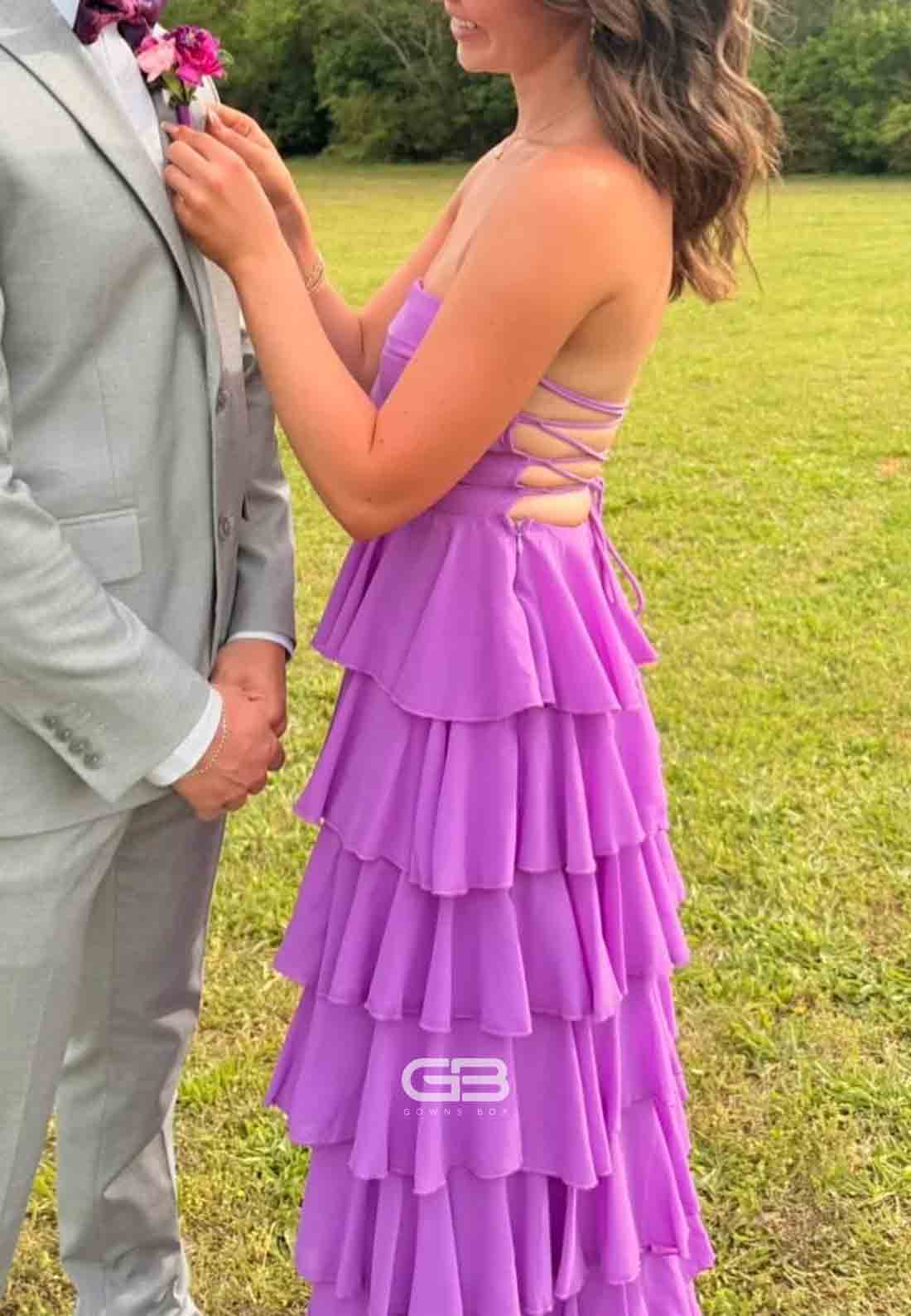 Strapless Purple Ruffle Tiered Long Dress with Slit