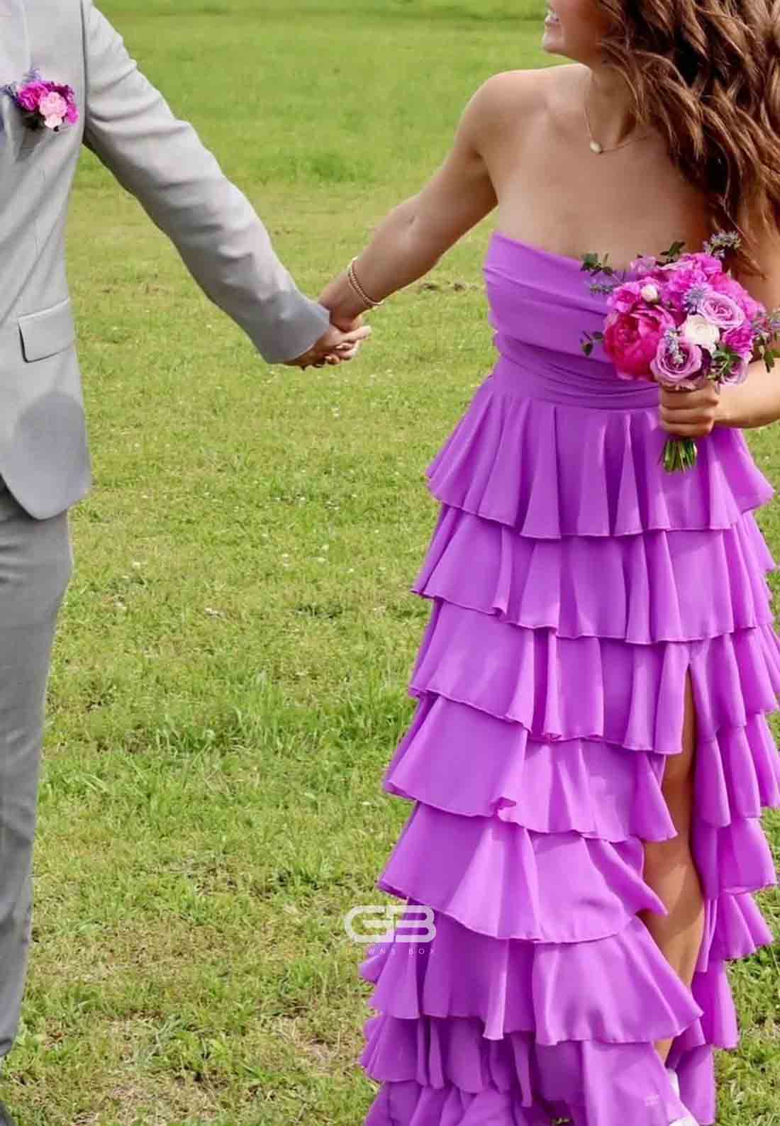 Strapless Purple Ruffle Tiered Long Dress with Slit