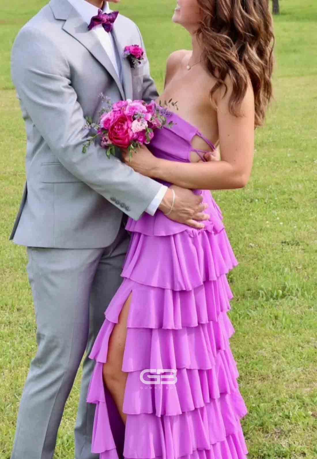 Strapless Purple Ruffle Tiered Long Dress with Slit