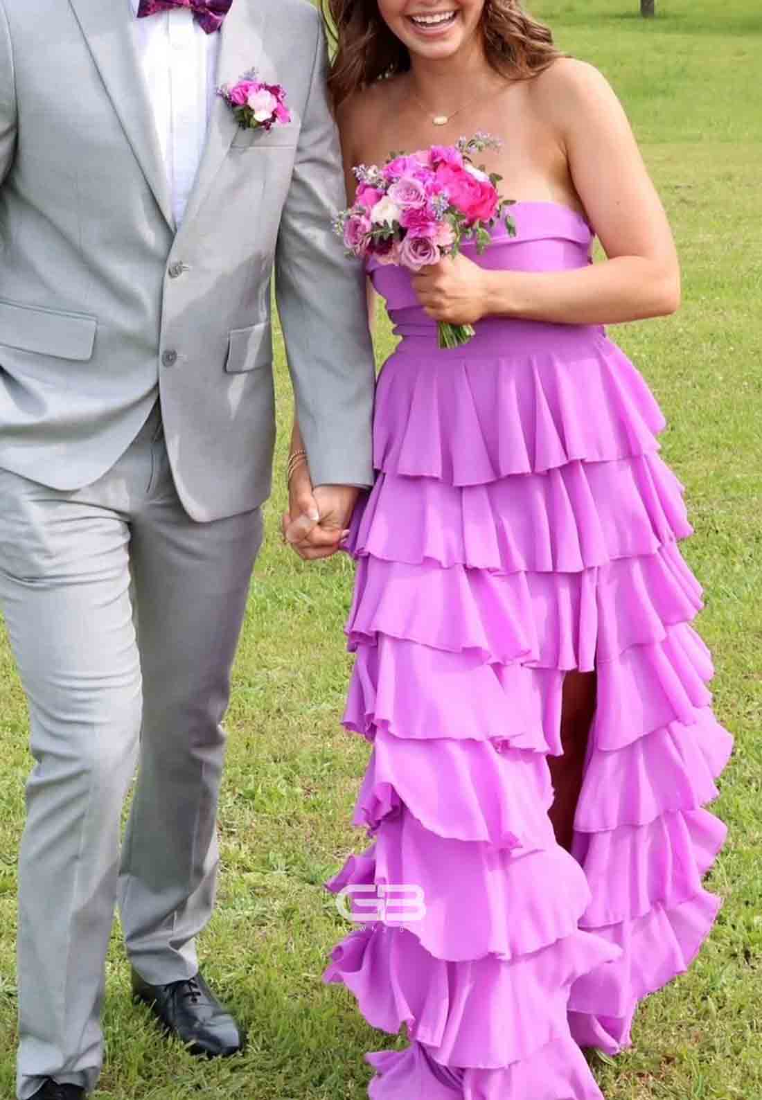 Strapless Purple Ruffle Tiered Long Dress with Slit