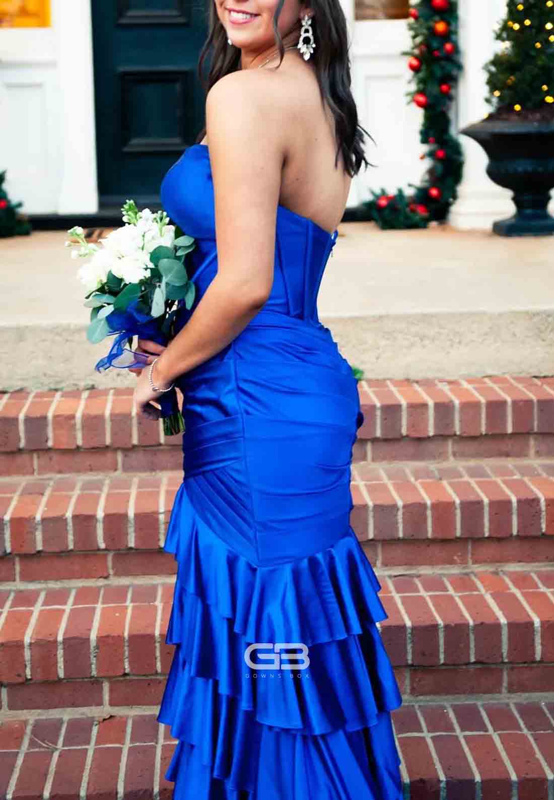 Strapless Royal Blue Satin Crisscross Back Tiered Long Dress with Slit 