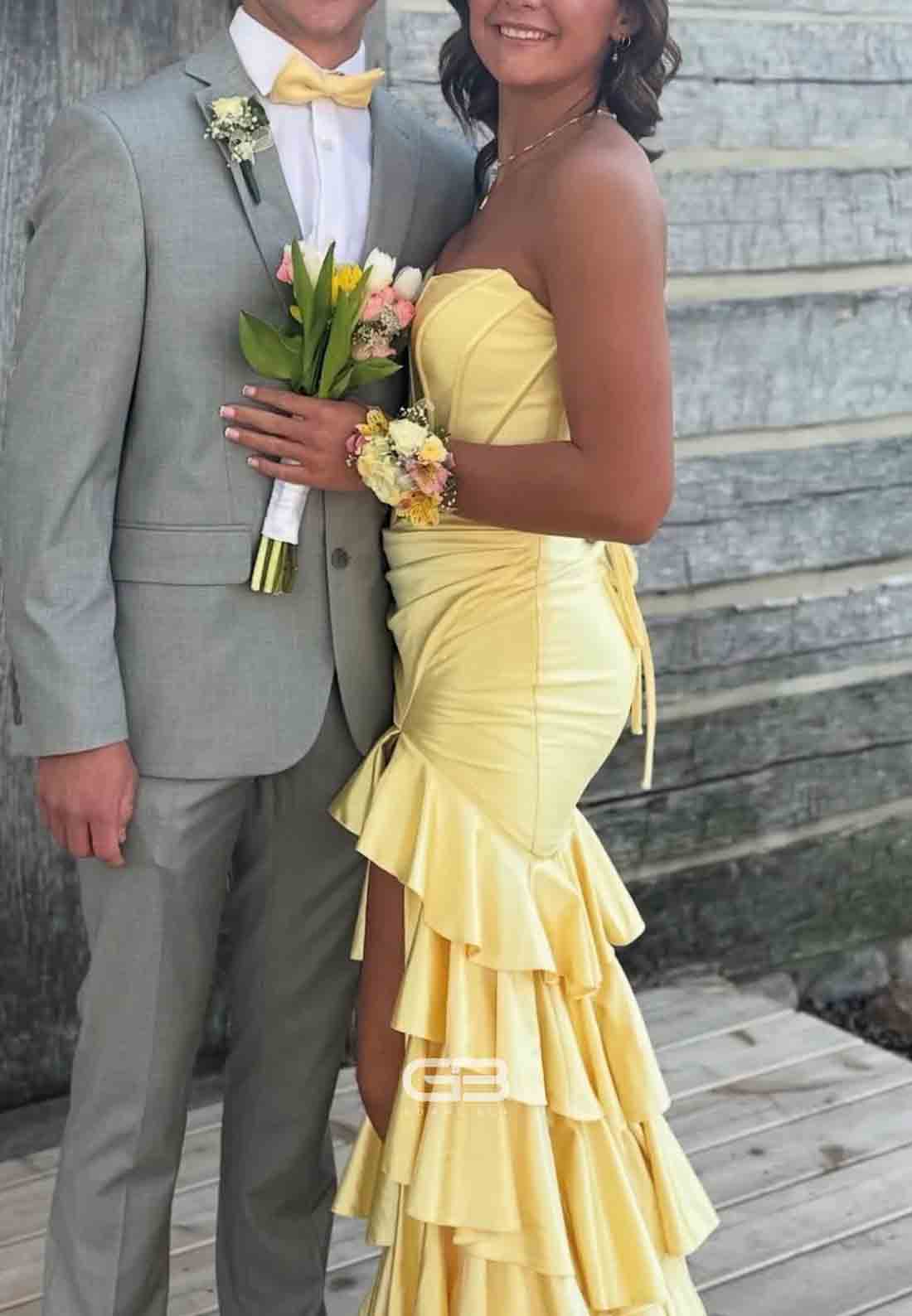 Strapless Royal Blue Satin Crisscross Back Tiered Long Dress with Slit 