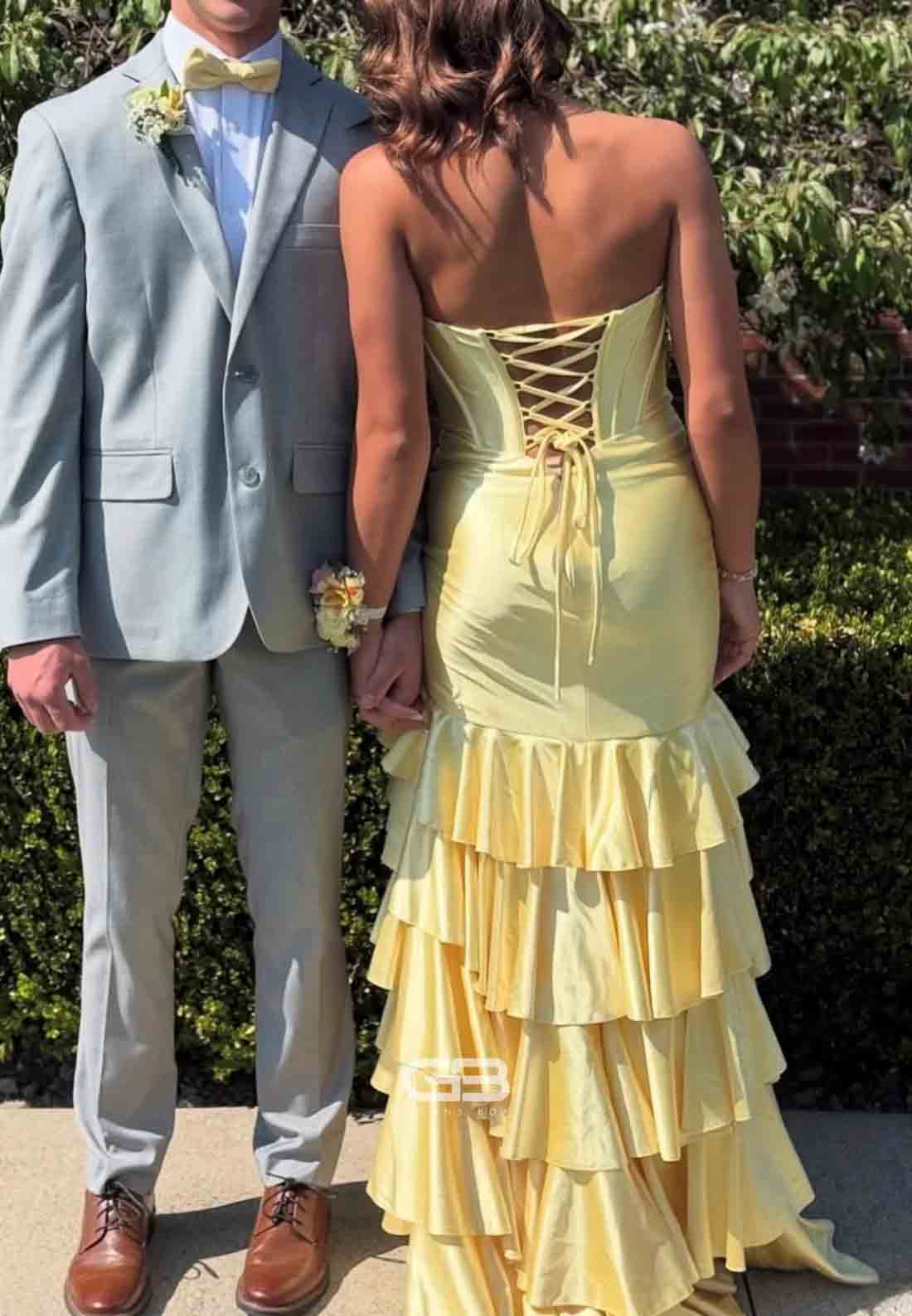 Strapless Royal Blue Satin Crisscross Back Tiered Long Dress with Slit 