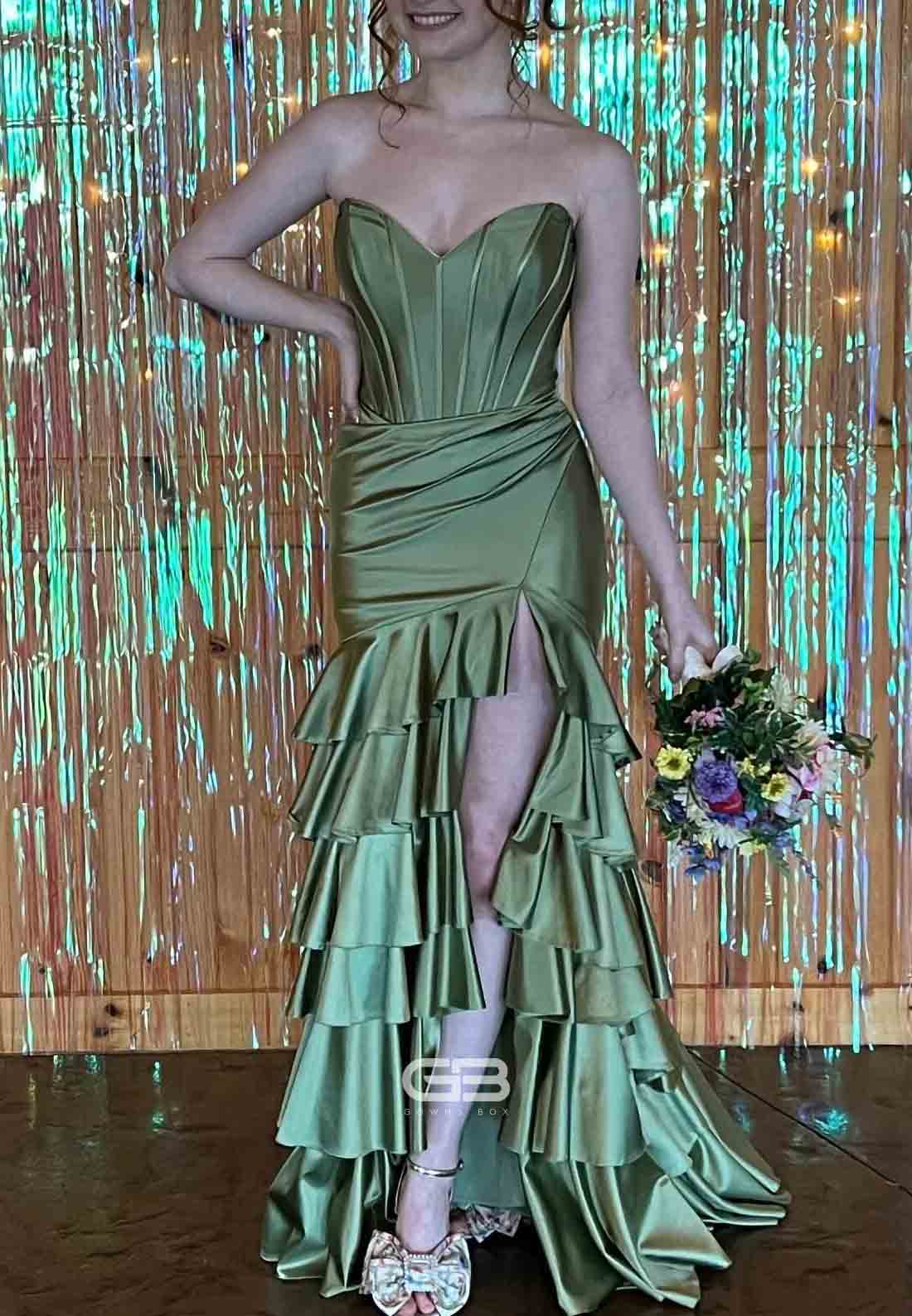 Strapless Royal Blue Satin Crisscross Back Tiered Long Dress with Slit 