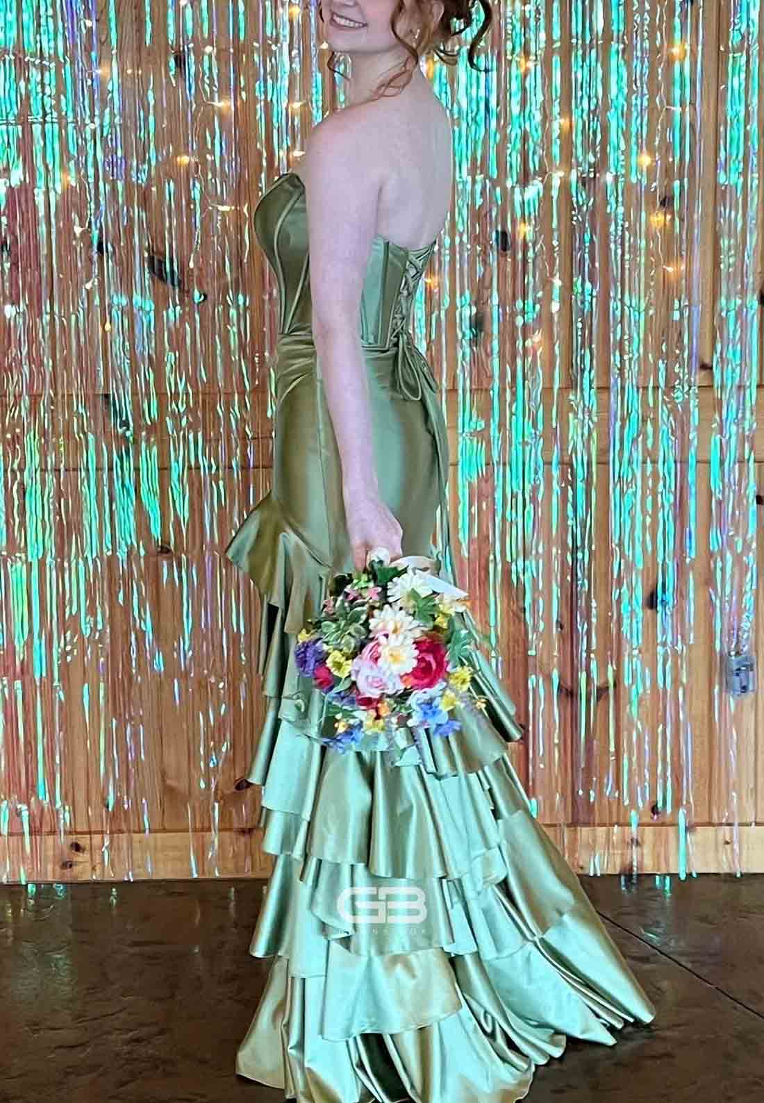 Strapless Royal Blue Satin Crisscross Back Tiered Long Dress with Slit 