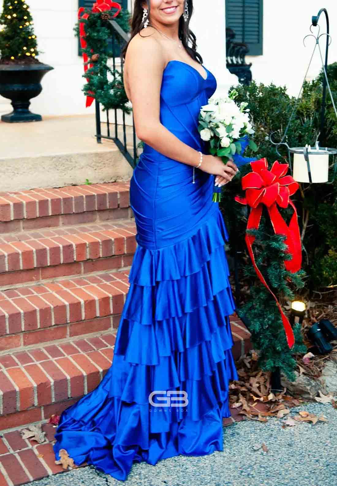 Strapless Royal Blue Satin Crisscross Back Tiered Long Dress with Slit 