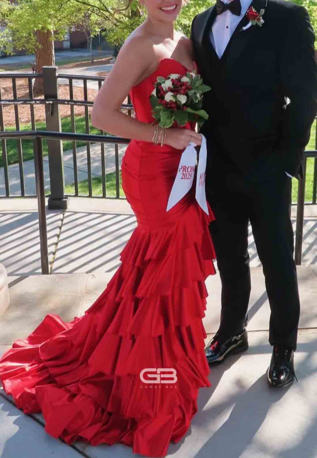 Strapless Royal Blue Satin Crisscross Back Tiered Long Dress with Slit 