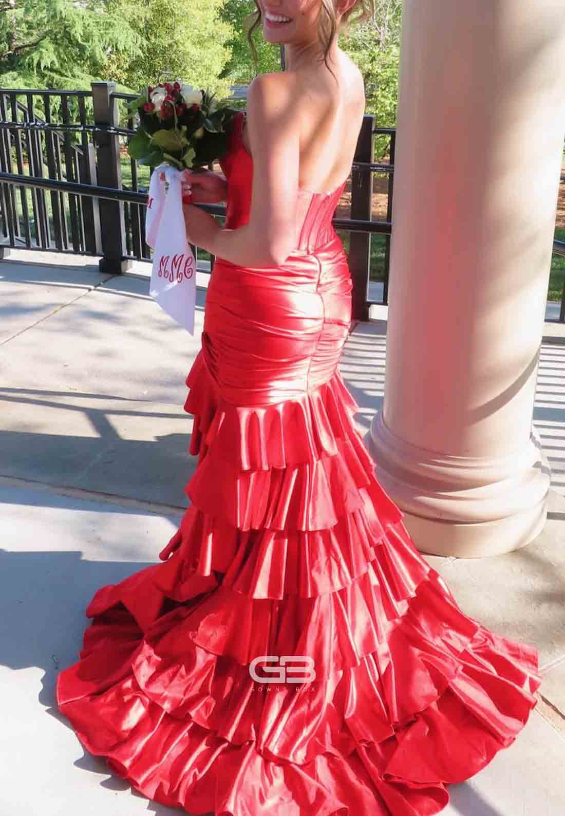 Strapless Royal Blue Satin Crisscross Back Tiered Long Dress with Slit 