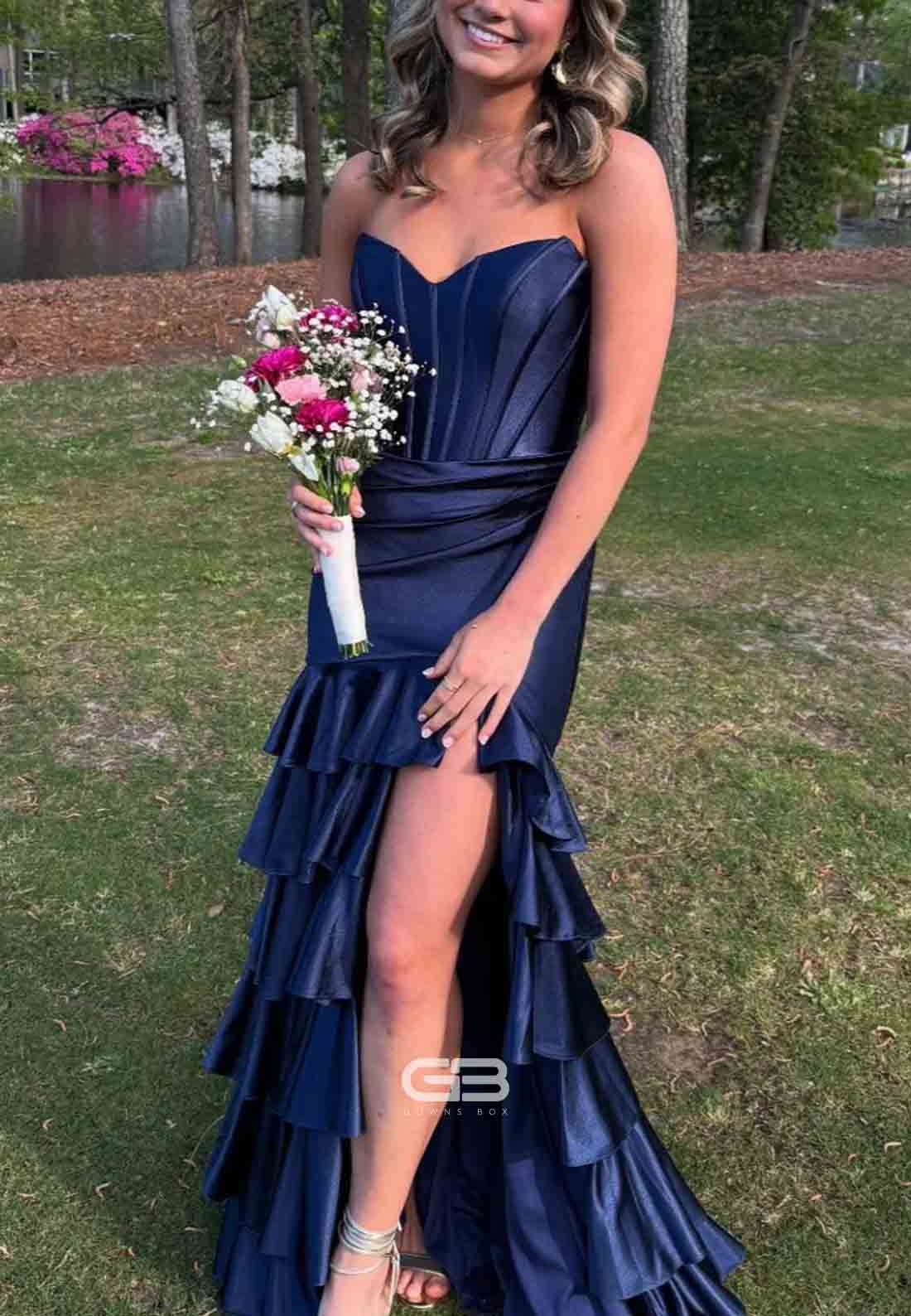 Strapless Royal Blue Satin Crisscross Back Tiered Long Dress with Slit 